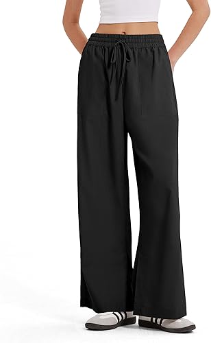 MOOSLOVER Women Linen Flowy Straight Leg Pants Cotton Drawstring Dress Pants Cas