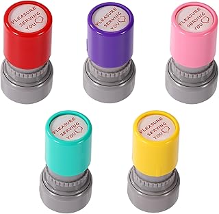 5pcs Pleasure Serving You Stamps, Diameter 0.79in Premium Plastic Cute Self Inking Server Thank Stamps for Checks for Service Work Ideal Teacher Office Stationery Supplies(5 Colors)