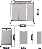 Vista 6 de STO STO Clasificador de ropa sucia de 3 secciones, cesta de ropa con 3 bolsas, cesta de lavandería con ruedas resistentes y bolsa extraíble para Gris