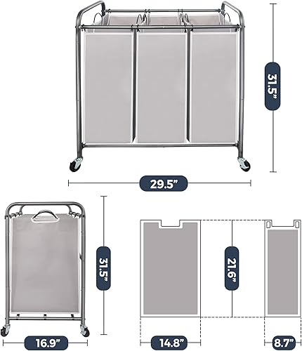 Miniatura 6 de STO STO Clasificador de ropa sucia de 3 secciones, cesta de ropa con 3 bolsas, cesta de lavandería con ruedas resistentes y bolsa extraíble para