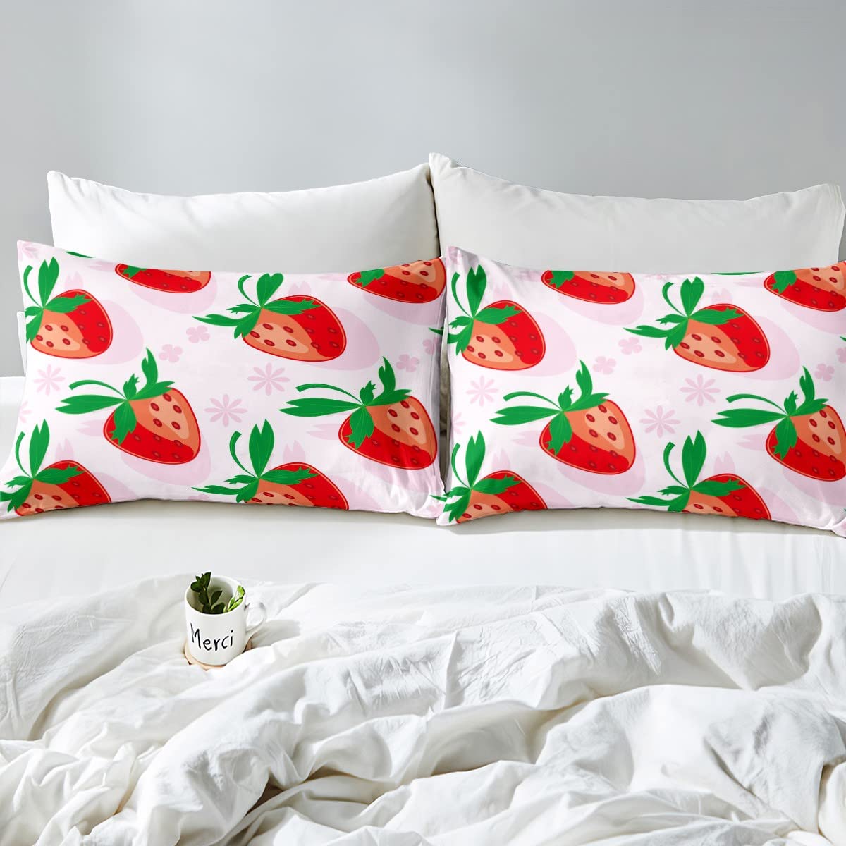 Homewish Kawaii - Set di biancheria da letto singolo per ragazze con fragole rosse rosa con motivo floreale, motivo cartone animato, con motivo a frutta, in morbida microfibra per camera da