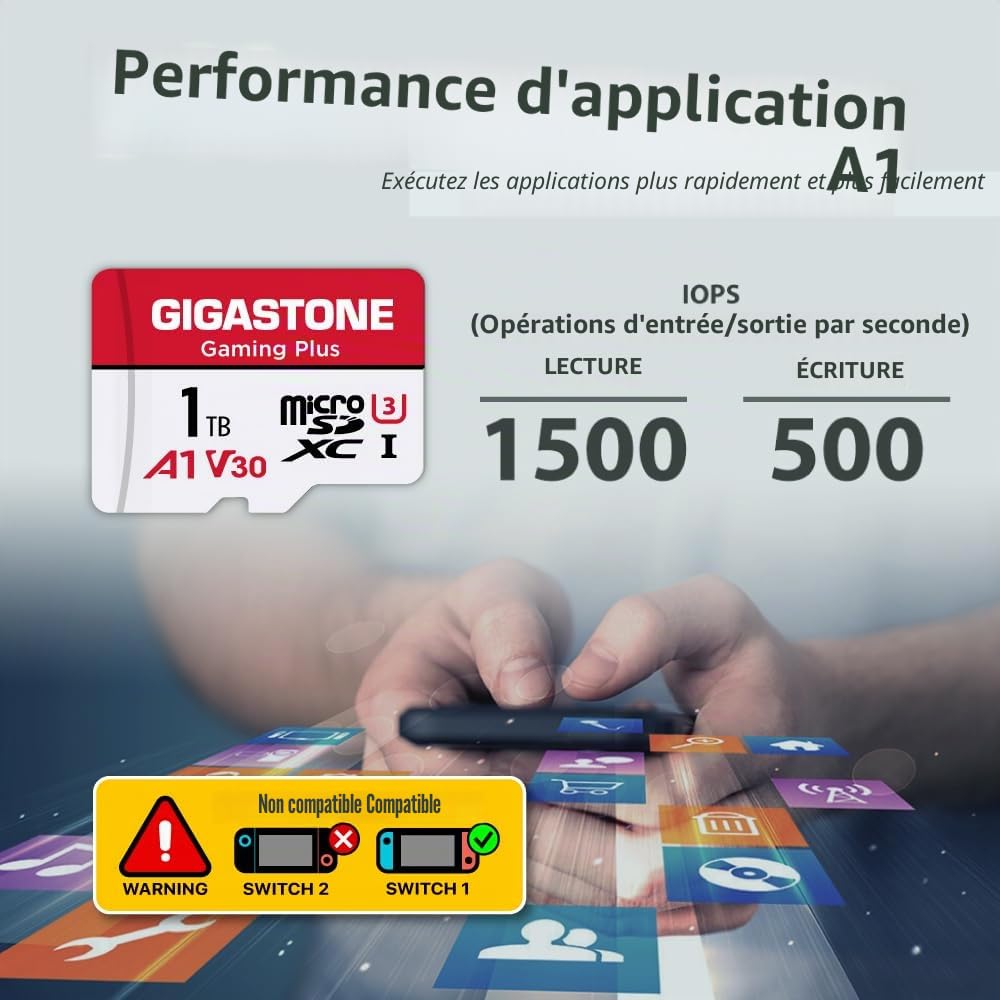 GIGASTONE Carte mémoire Gaming Plus Series de 1 to jusqu'à 150/120 Mo/s pour Nintendo Switch, Steam Deck, Console de Jeu, vidéo 4K A1 V30 U3 MicroSDXC avec Adaptateur SD.