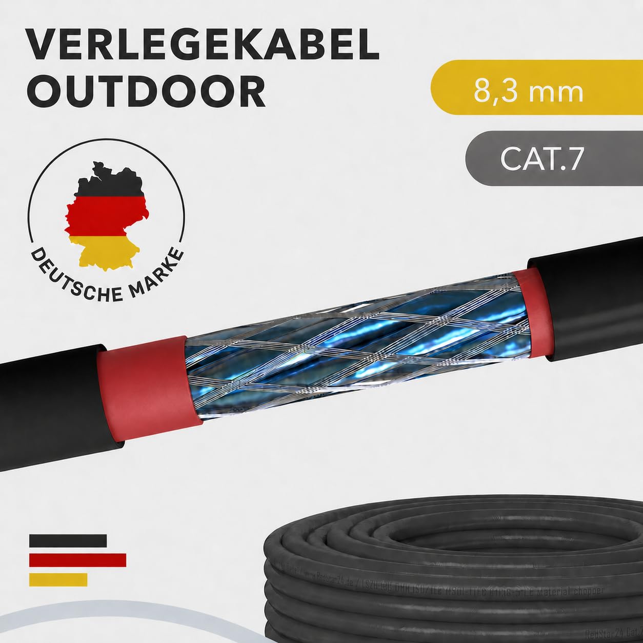RedStar24 Cat7 Erdkabel 100m Outdoor LAN Kabel S/FTP AWG23/1 UV-beständig | PE Doppelmantel, PoE, direkte Erdverlegung, 10Gbit/s, S/FTP Schirmung, Kupfer, Cat 7 Ethernet Kabel für Außenbereich