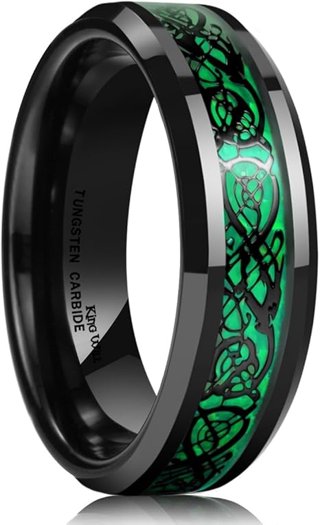 King Will DRAGON Men's 8mm/6mm/5mm Red/Green Carbon Fiber Black Celtic Dragon Tungsten Carbide Ring Comfort Fit Wedding Band