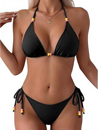UMIPUBO Womens Triangle String Bikini Set Sexy Halter Two Piece Swimsuit Cheeky Cute Tie Bathing Suit with Colored Beads