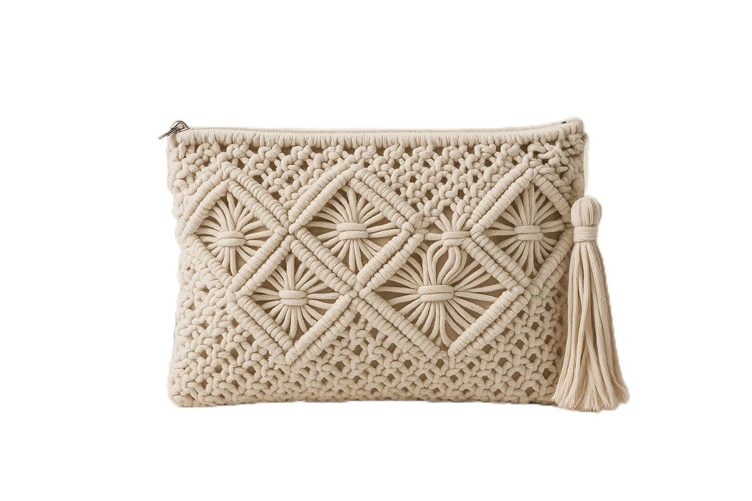 rising craft Handcrafted Macrame Clutch Purse, Cotton Rope Woven Design with Tassels, Off-White-picture-36