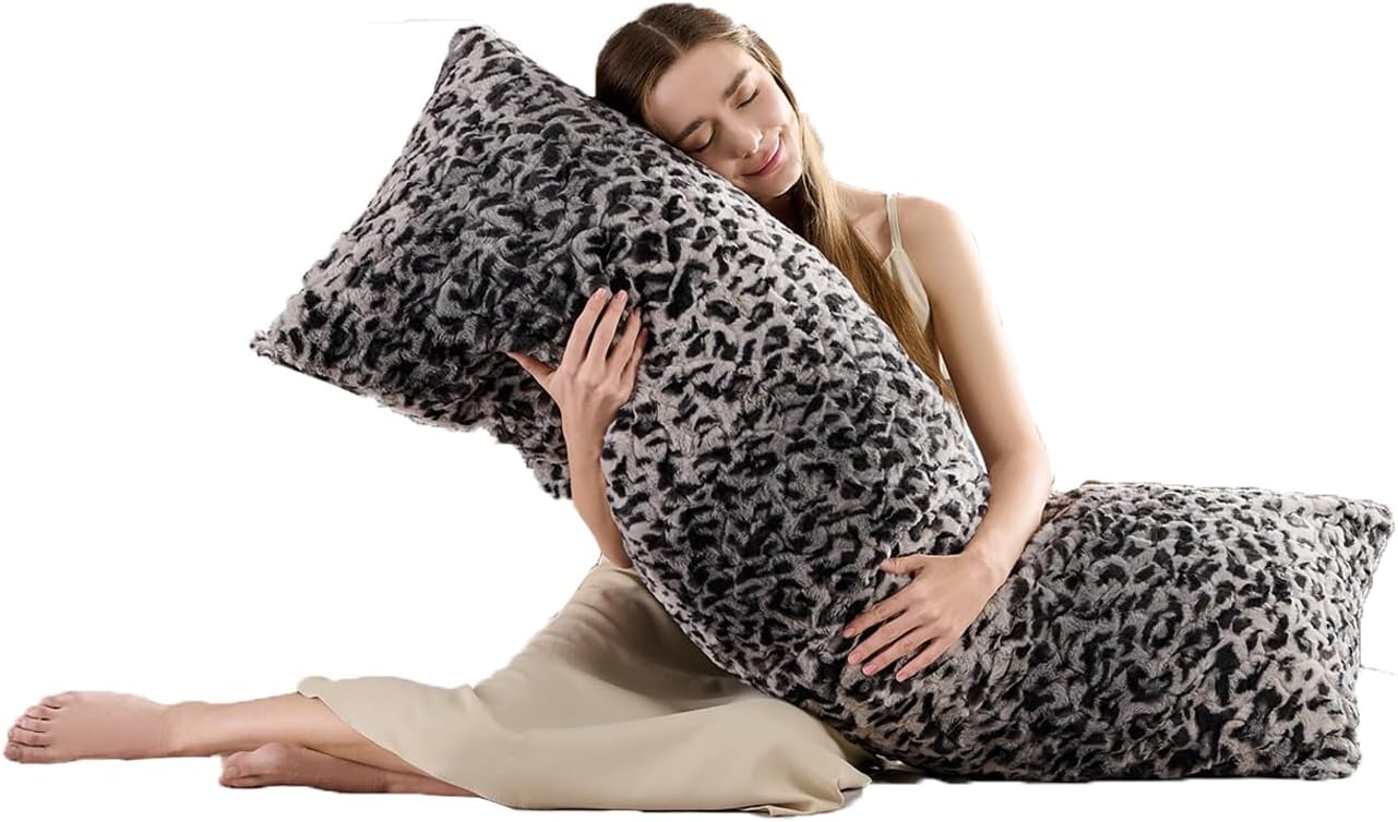 Leopard Print Body Pillow Cover,Fluffy Long Pillow Case Grey Cheetah Print Fuzzy Faux Fur Decorative Pillowcase,Soft Cushion Throw Pillow Covers for Couch Bed 20 x 54 Inches