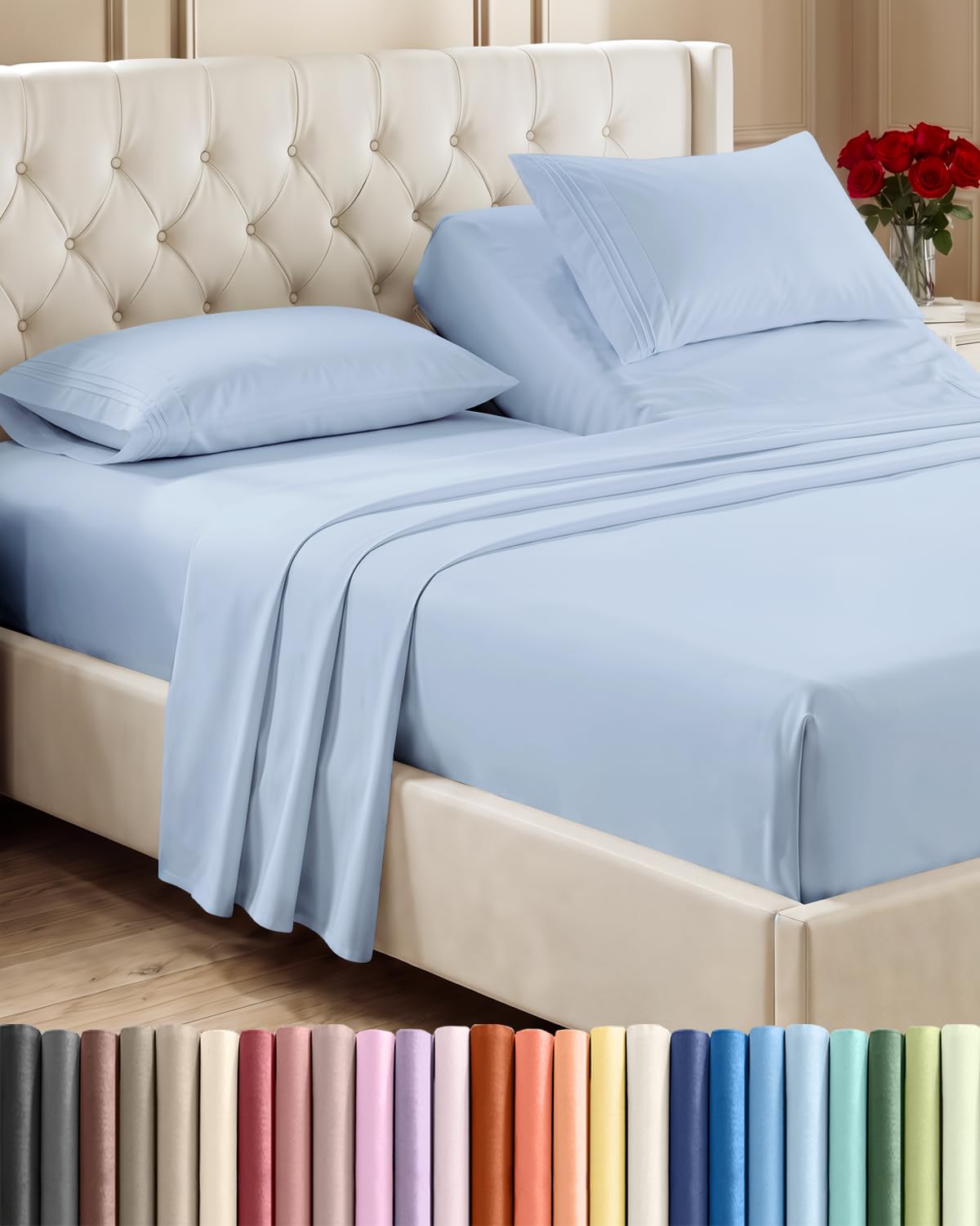 Flex Top Split Head King 4 Piece Sheet Set - Soft &amp; Breathable - Sky Blue