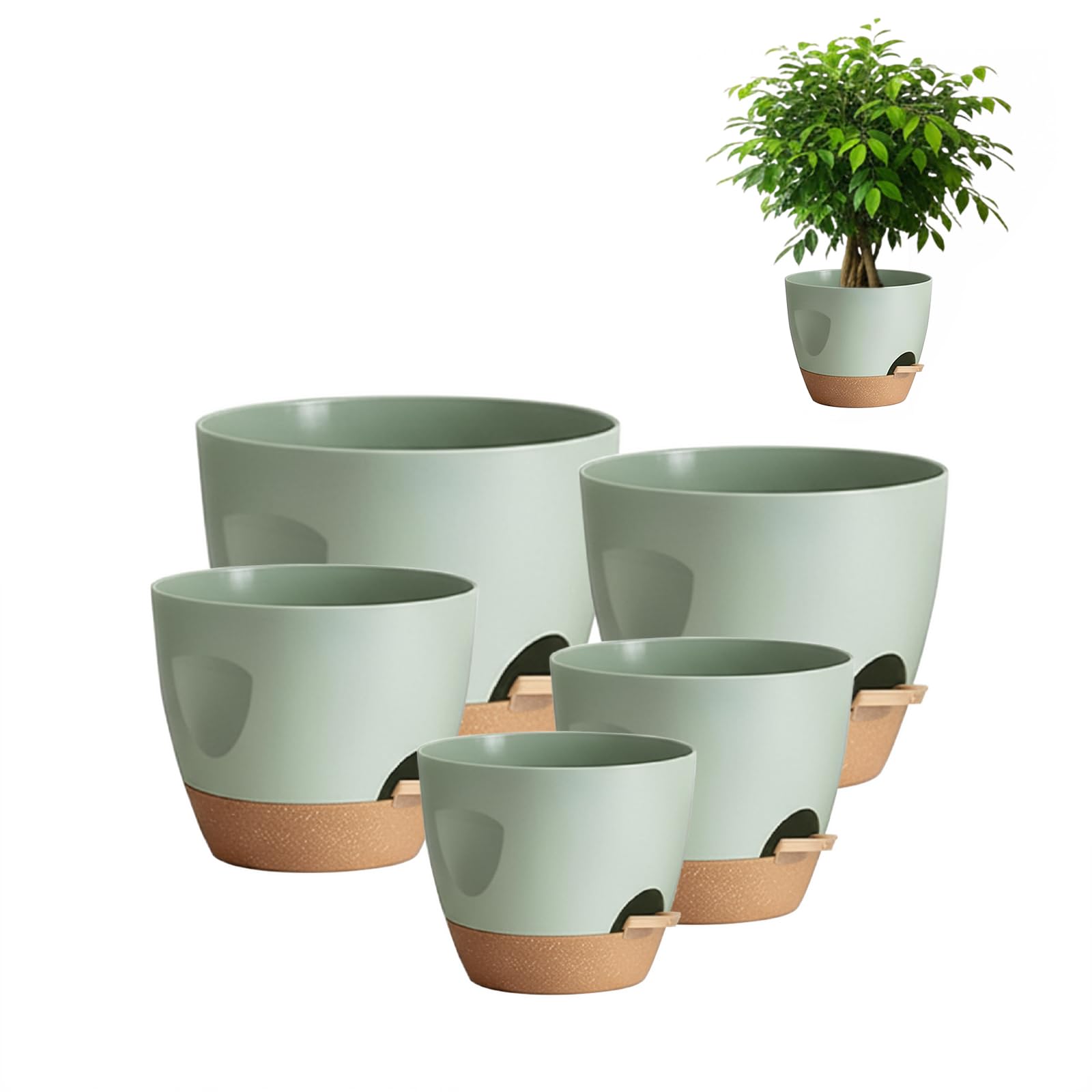 SimingZric Self Watering Plant Pots Indoor – Set of 5 Plastic Flower Pots with Saucers & Drainage Holes, 12.7/14/15.2/16.5/17.8 cm Plant Pots with Saucer for Windowsill, Garden & Outdoor Decor, Green