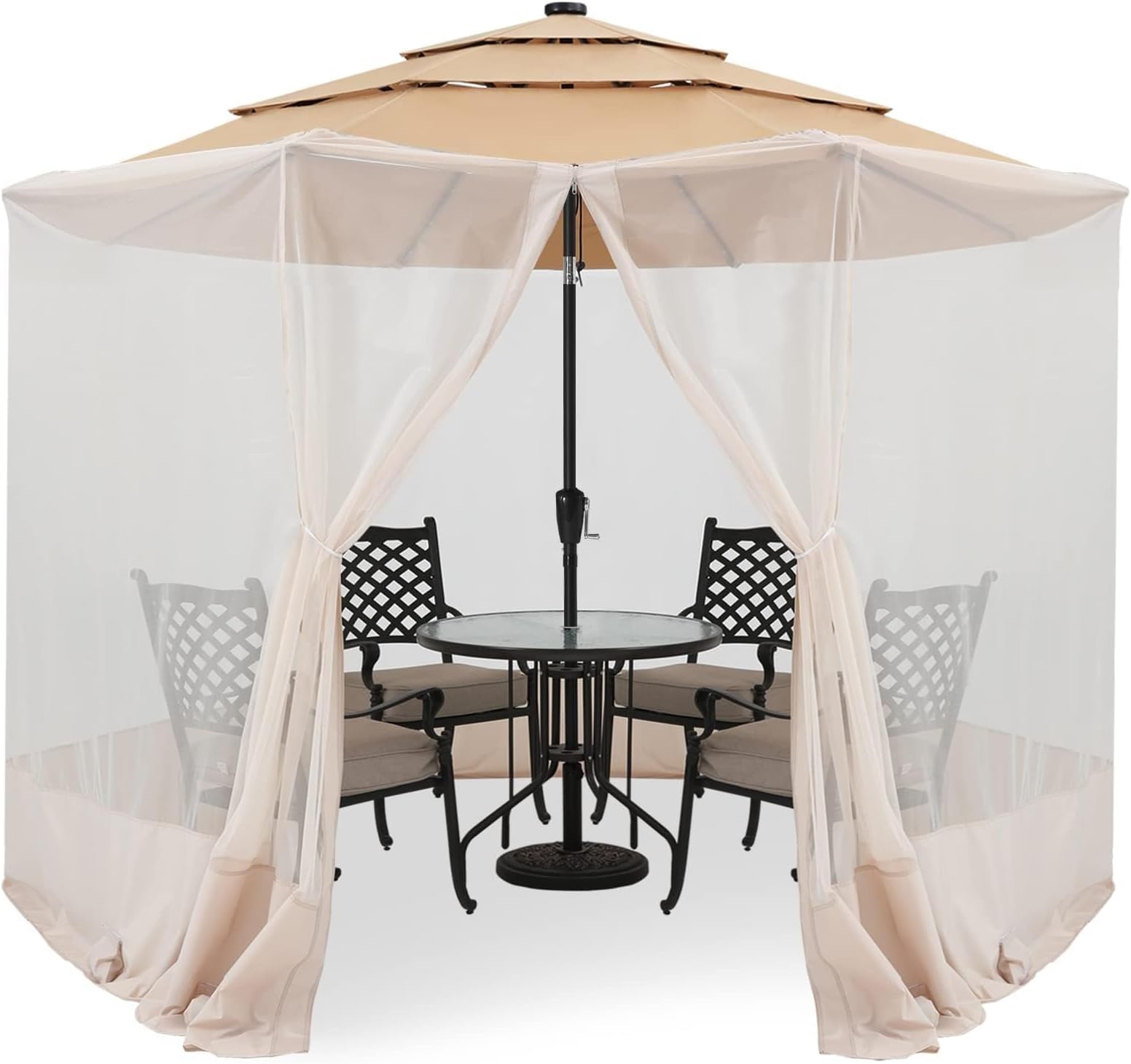 Upgraded 7-9FT Patio Umbrella Netting for Outdoor Umbrellas, Adjustable Umbrella Screen Mosquito Netting with Zipper and 8pcs Sandbags Universal for Most Market Umbrellas (Beige)