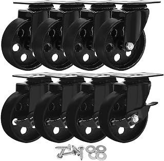 FactorDuty 8 Pack 4" All Black Metal Swivel Plate Caster Wheels Heavy Duty High-Gauge Steel w/Screws (4 No Brake & 4 Brake)