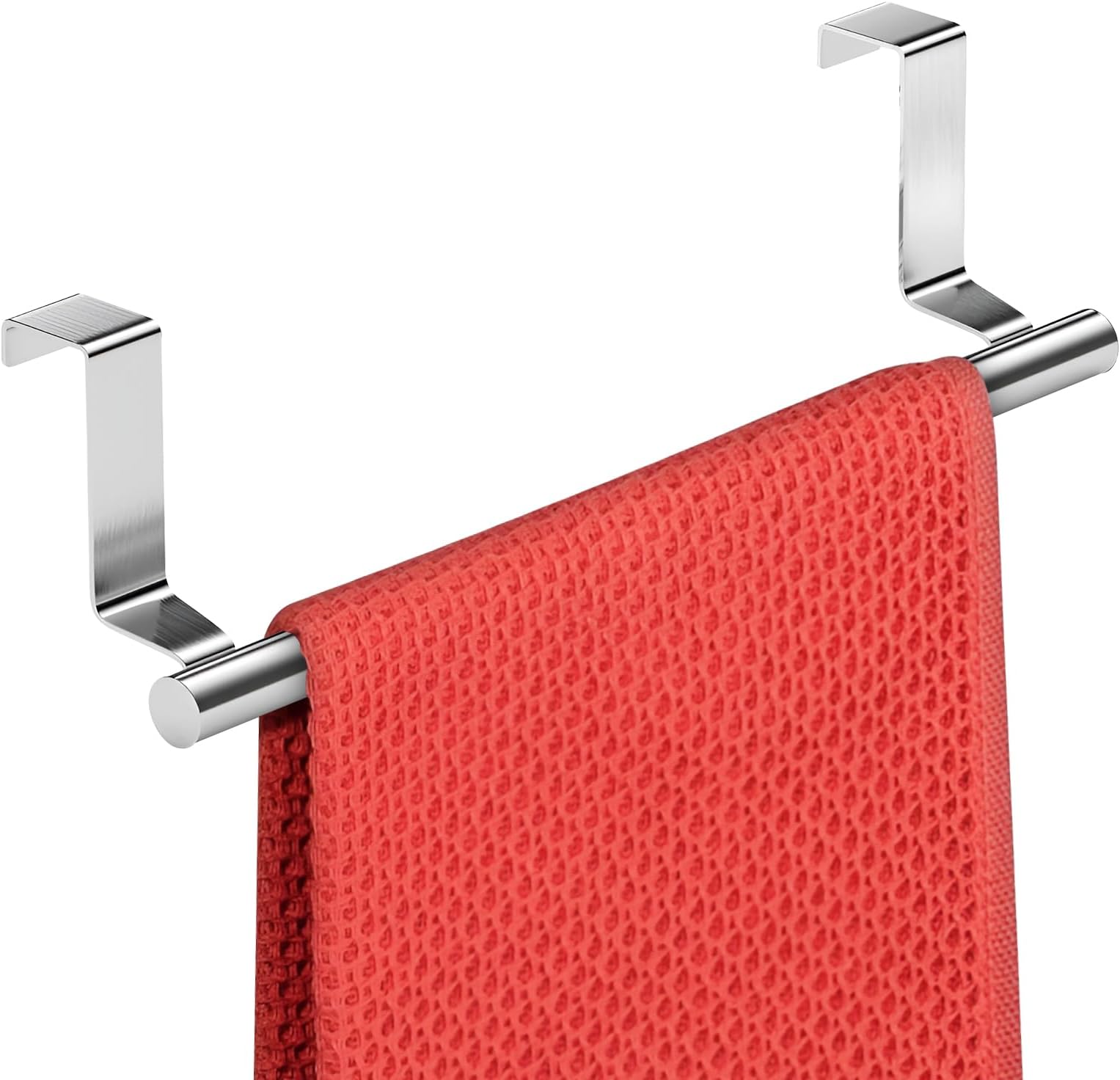 Over Cabinet Towel Bar with Hooks, 14 Inch Brushed Stainless Steel Over The Door Towels Rack for Home Bathroom Kitchen, Hang on Inside and Outside Cabinets or Doors, Holds Hand Dish Towels Washcloths