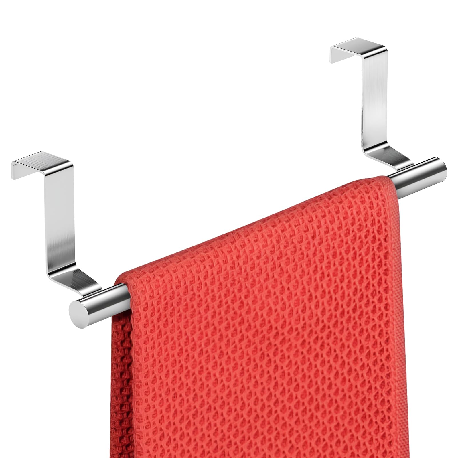 Over Cabinet Towel Bar with Hooks, 14 Inch Brushed Stainless Steel Over The Door Towels Rack for Home Bathroom Kitchen, Hang on Inside and Outside Cabinets or Doors, Holds Hand Dish Towels Washcloths