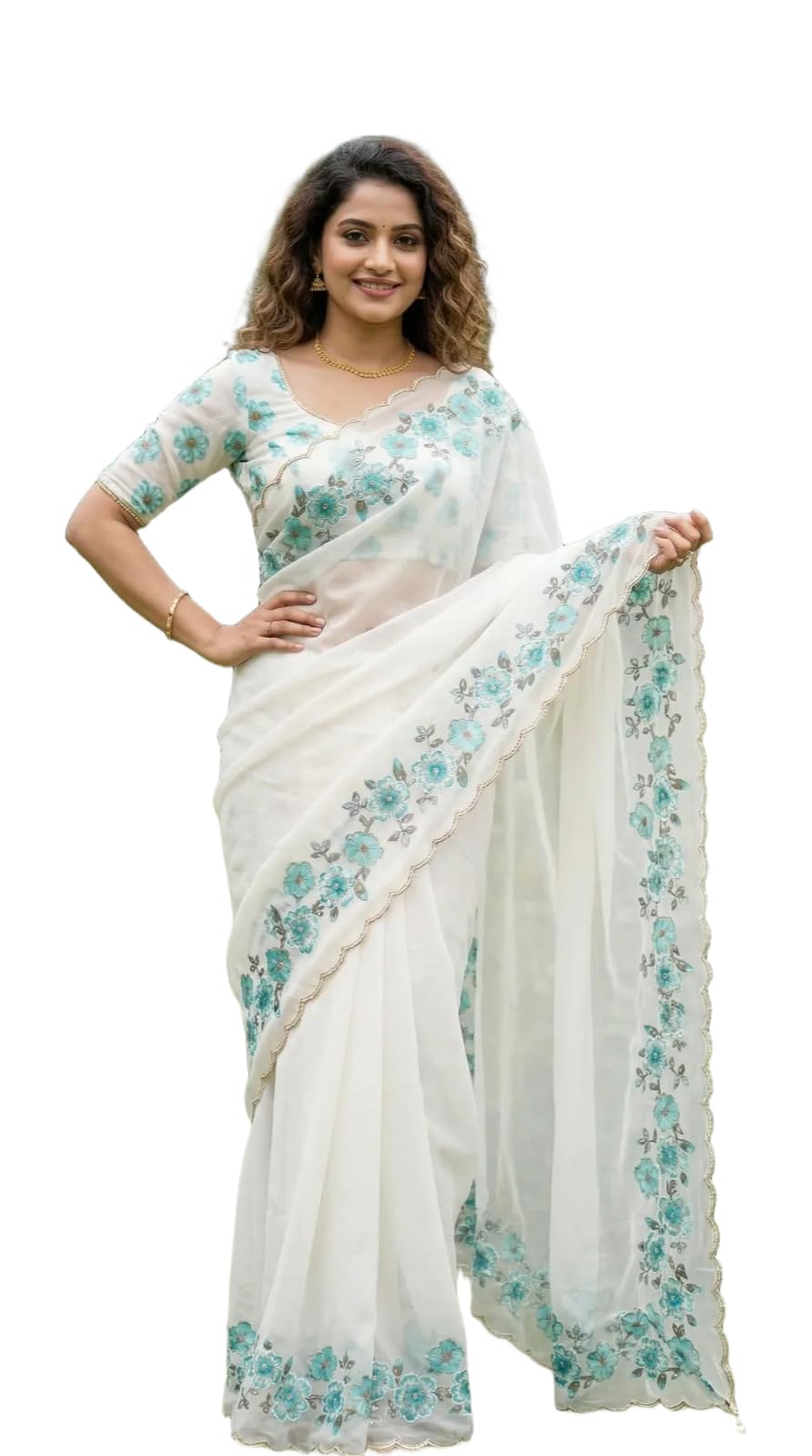Women Soft Tabby Organza Saree with Floral Print Blouse | Beads and Katdana Handwork Border Ethnic Saree-image-30