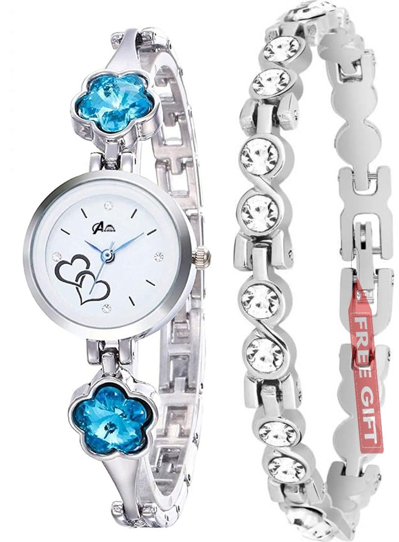 Acnos Stainless Steel Premium Analog Flower Stone Blue Diamond Silver Bangle With Silver Bracelet Women Watch (Pack Of 2), White Dial, Silver Band (B08W9WZZDX) Amazon Price History, Amazon Price Tracker