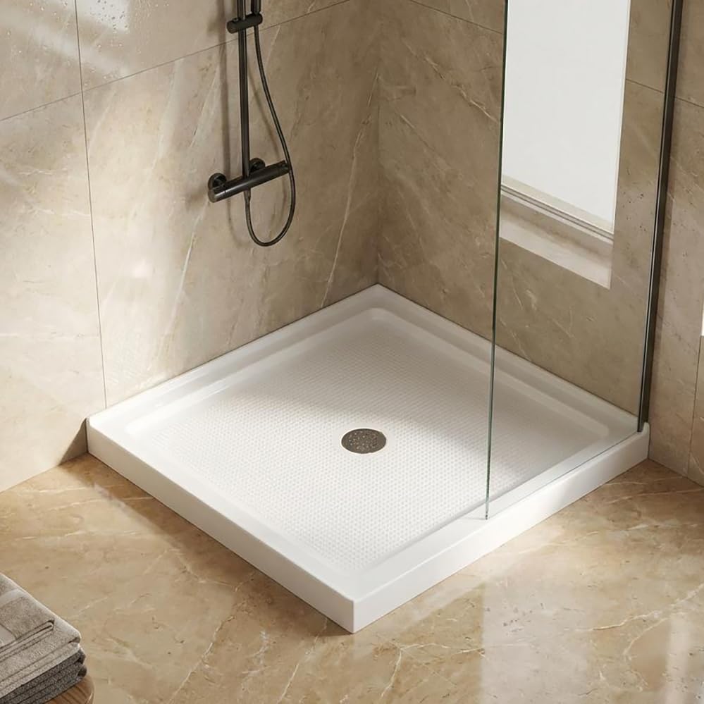 36 x 36 Shower Base CUPC Certified Acrylic and Fiberglass Shower Pan Slip Resistant Textured Surface Center Drain with Removable Stainless Cover White Center Drain