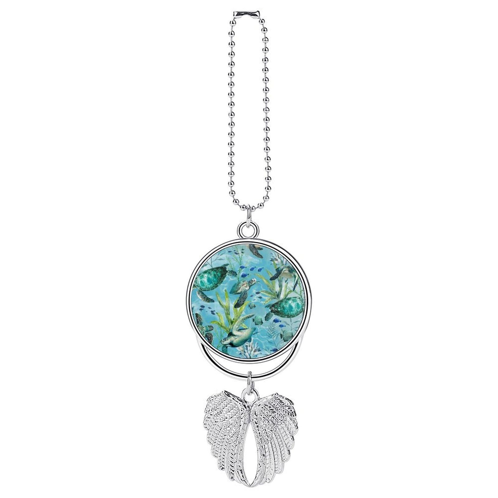 Sea Turtle-Blue Car Pendant Car Rearview Mirror Pendant Custom Photo Car Hanging Ornament Car Rear View Mirror Hanging Accessories Angel Wing Car Charm Gift for Men Women
