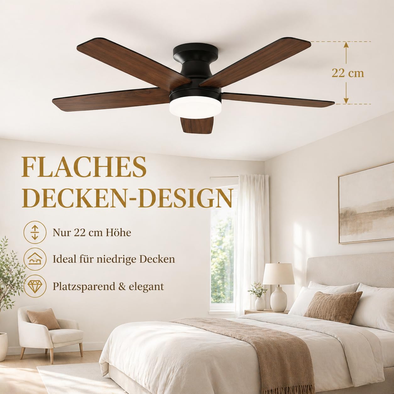 106cm Deckenventilator mit Beleuchtung Leise Flach H22cm, Doppelseitige Flügeln, Deckenventilator mit Fernbedienung & App, DC Motor, Dimmbar, 6 Stufen Reversibel für Schlafzimmer Wohnzimmer