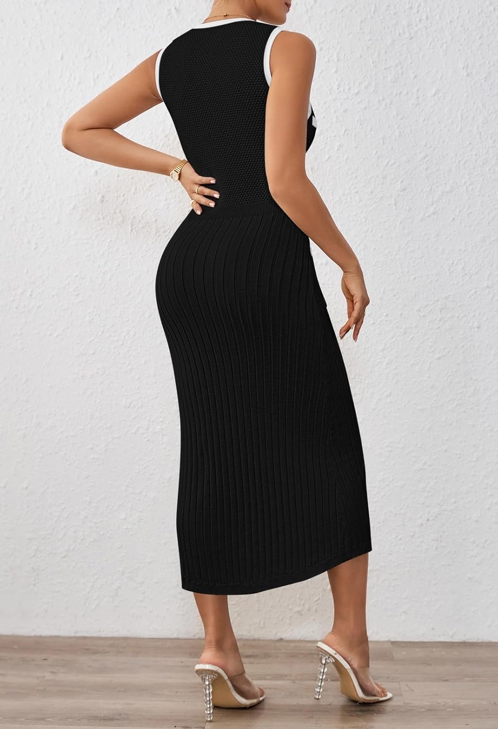 Pink Queen Women's Elegant Sweater Dress Sleeveless Slim Fit Bodycon Midi Dresses - Image 5