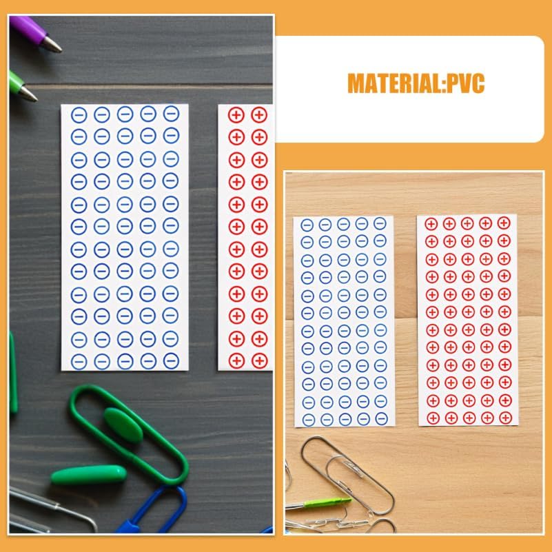 360pcs PVC 12mm Positive Negative Electrical Stickers Adhesive Battery Polarity Labels for Safe Circuit Identification Includes 6 Sheets (3 Positive 3 Negative)