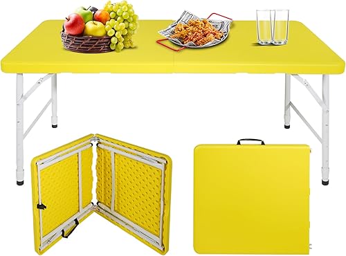 Miniatura 13 de Mesa plegable portátil de plástico de 4 pies/6 pies/8 pies, mesa de picnic y comedor de alta resistencia, color blanco y negro, plegable a la mitad