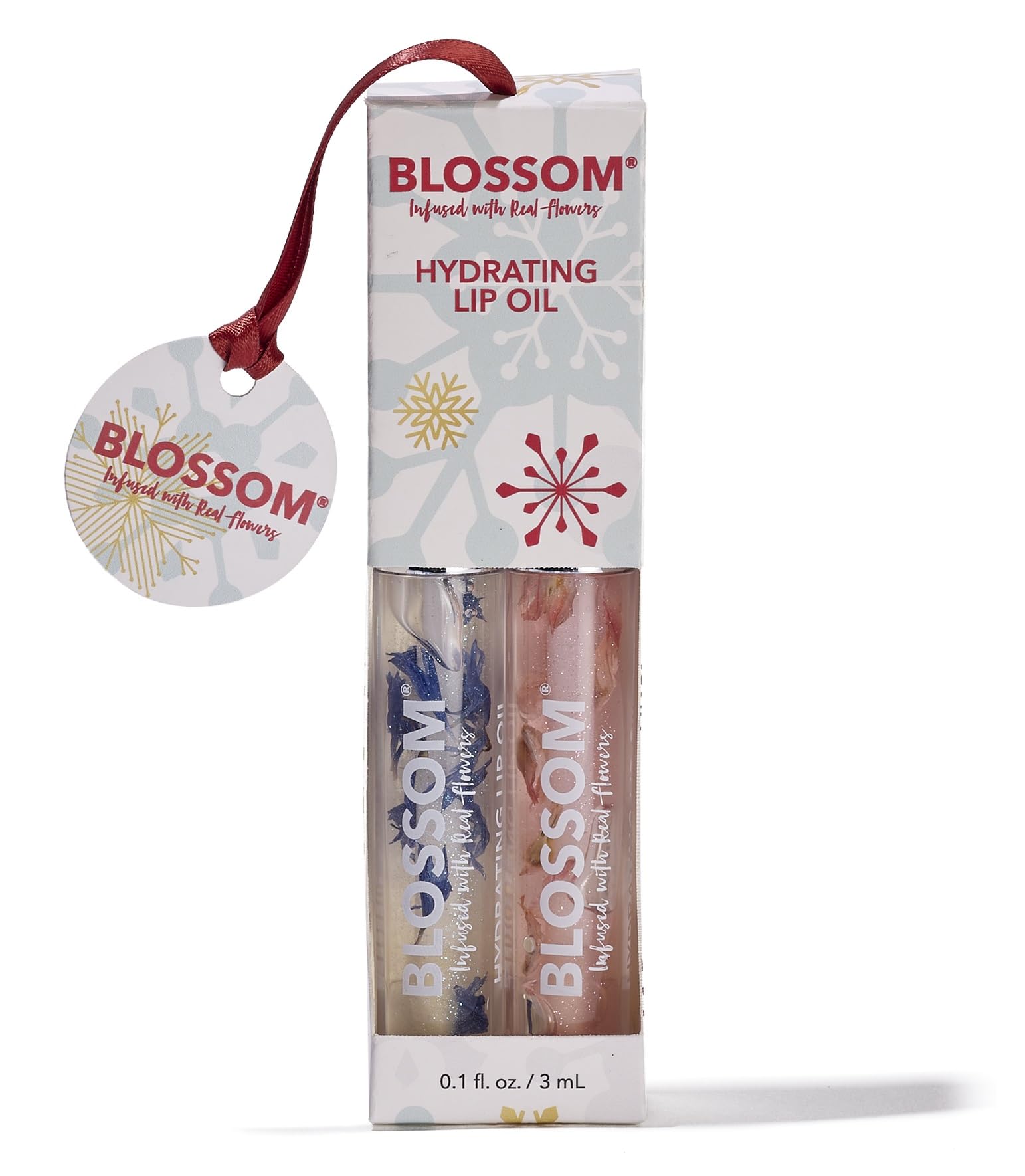 Blossom Lip Oil with Olive Oil + Grape Seed Oil, Moisturizing and Hydrating Shimmer Sparkle, Infused with Real Flowers, 6g, Holiday Stocking Stuffer,