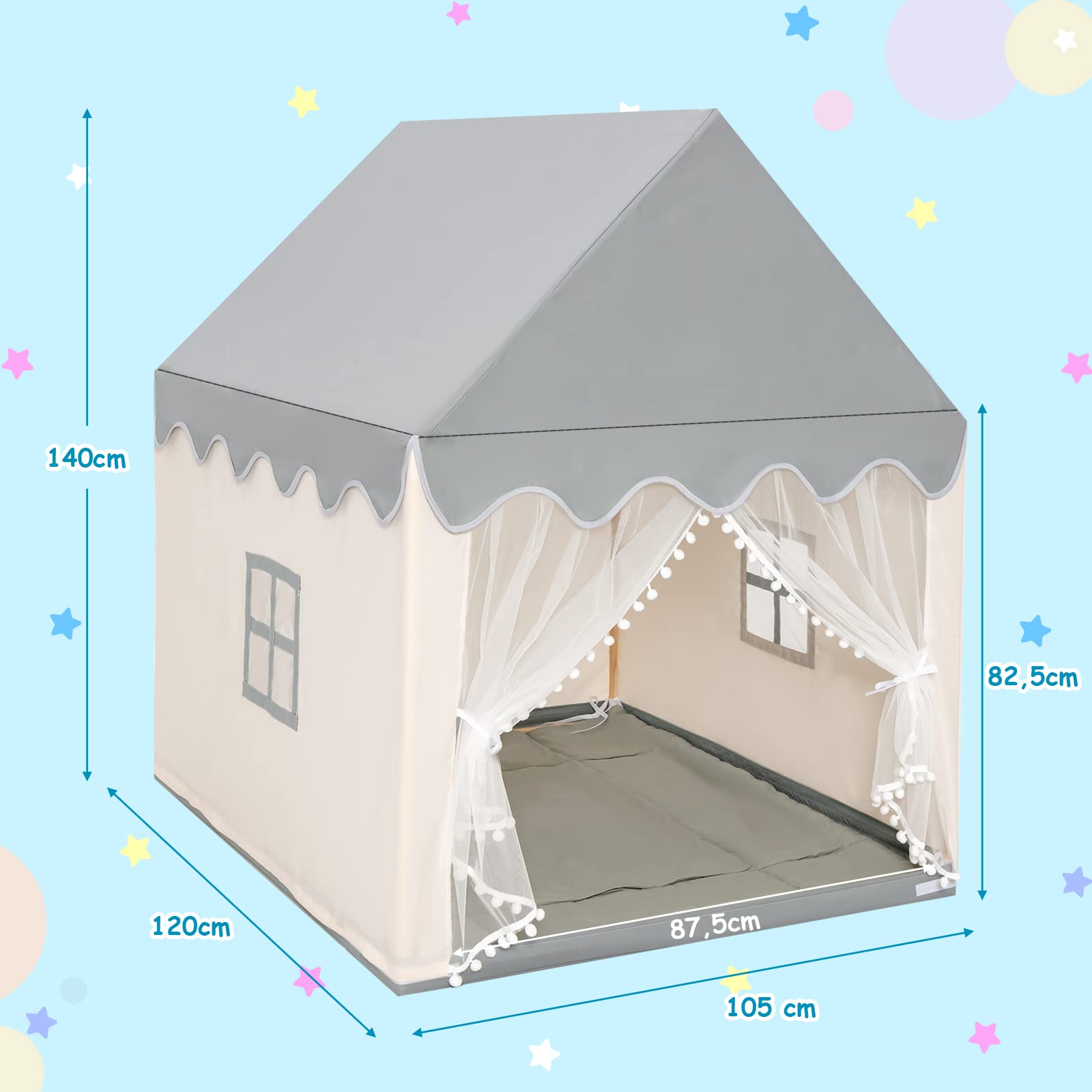 COSTWAY Kinderzelt Indoor, Kinderspielhaus für Jungen Mädchen Prinzess Prinzessin, Kinderspielzelt mit Massivholzrahmen & Baumwolldecke, Kinder Spielhaus für Drinnen, 120x105x140cm (Beige+Grau)