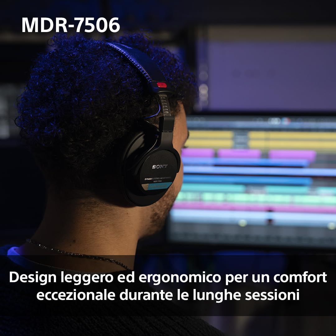 Sony MDR-7506 Cuffie monitor da studio chiuse, con filo, da 10 Hz a 20 kHz, adatte per la registrazione e il mixaggio in studio, 63 Ohm, design leggero e pieghevole (227 g), custodia inclusa, Nero