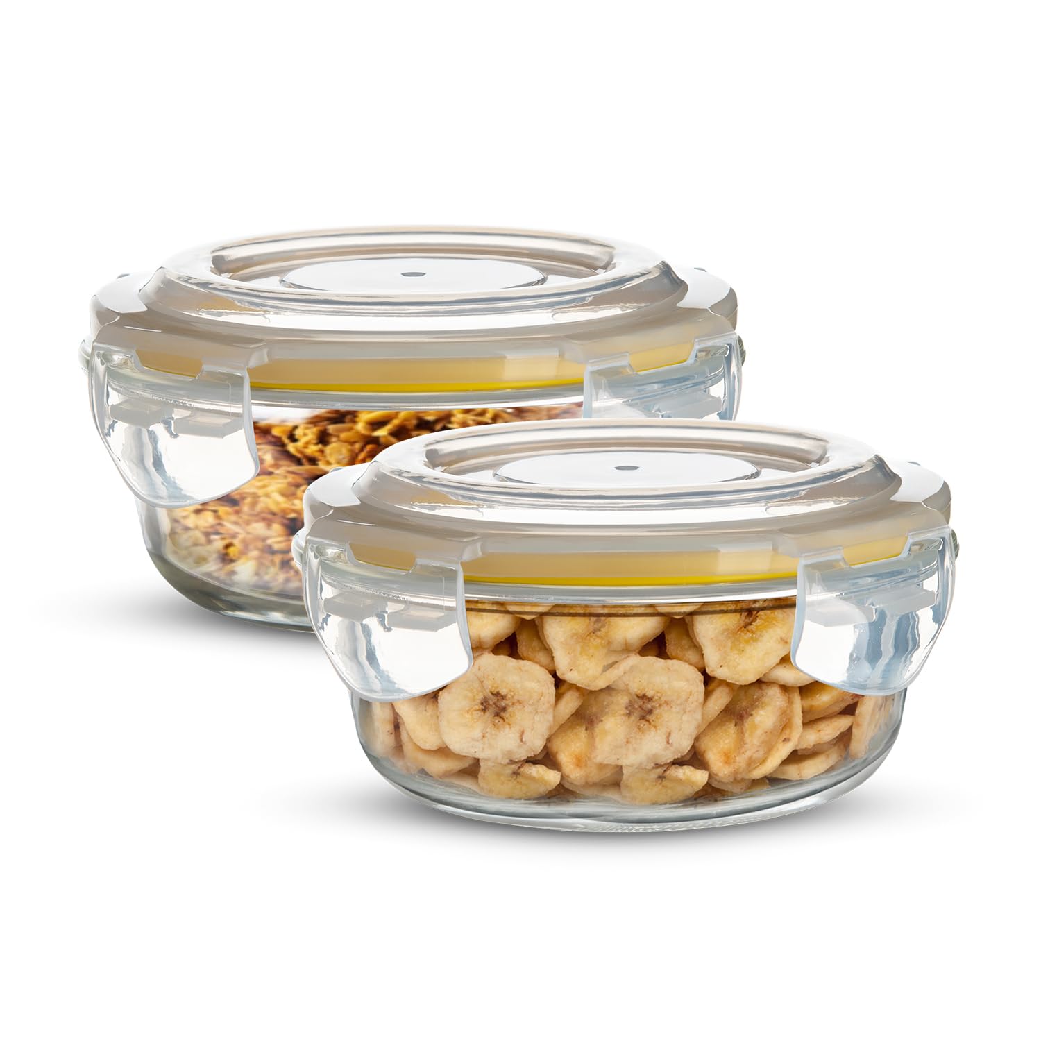 BERGNER Borosilicate Glass Side Lock Round Storage Container for Kitchen with Air-Tight and Leakproof Lid, BPA Free, Microwave and Oven Safe, Removable Silicone Yellow Gasket, 400 ml each (Set of 2)