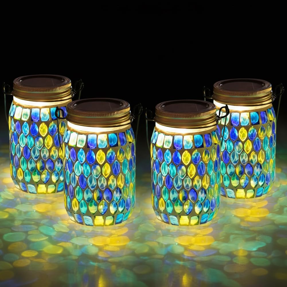 Starsoul Paquete de 4 faroles colgantes solares de mosaico para exteriores, impermeables, de cristal multiazul, luces solares de jardín, farol de mosaico al aire libre para exteriores, camino, patio