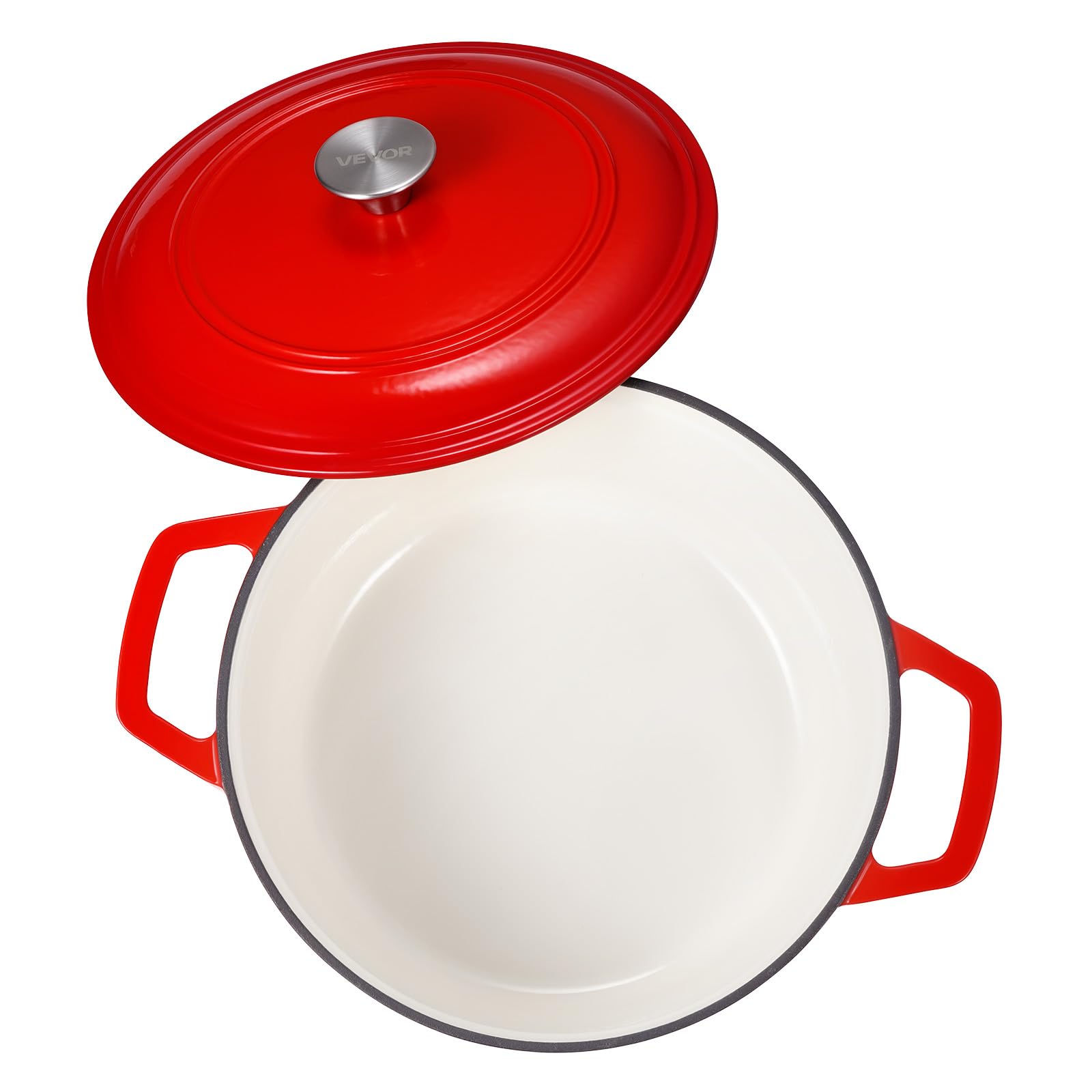 VEVOR Holenderski piec z żeliwa emaliowanego 5,68 l, do pieczenia chleba na zakwasie, z pokrywką i 2 uchwytami, do 260°C, garnek do gotowania i smażenia, 4-6 osób, 350 x 270 x 190 mm, czerwony