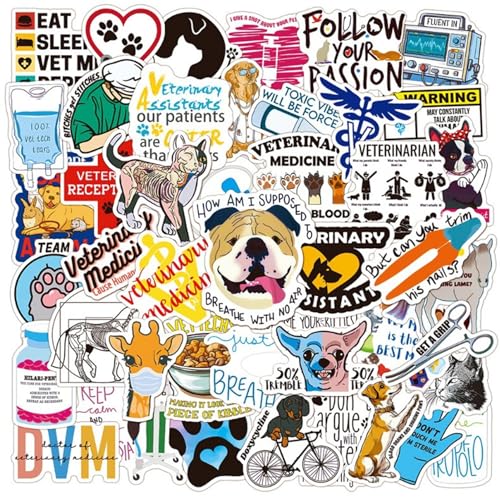 50 Pcs Funny Veterinary Stickers and Decals, Cute Veterinarians Vinyl PVC Waterproof Stickers for Water Bottle Skateboard Luggage Laptop Computer Phone, Vet Tech Party Supplies for Teens Adults