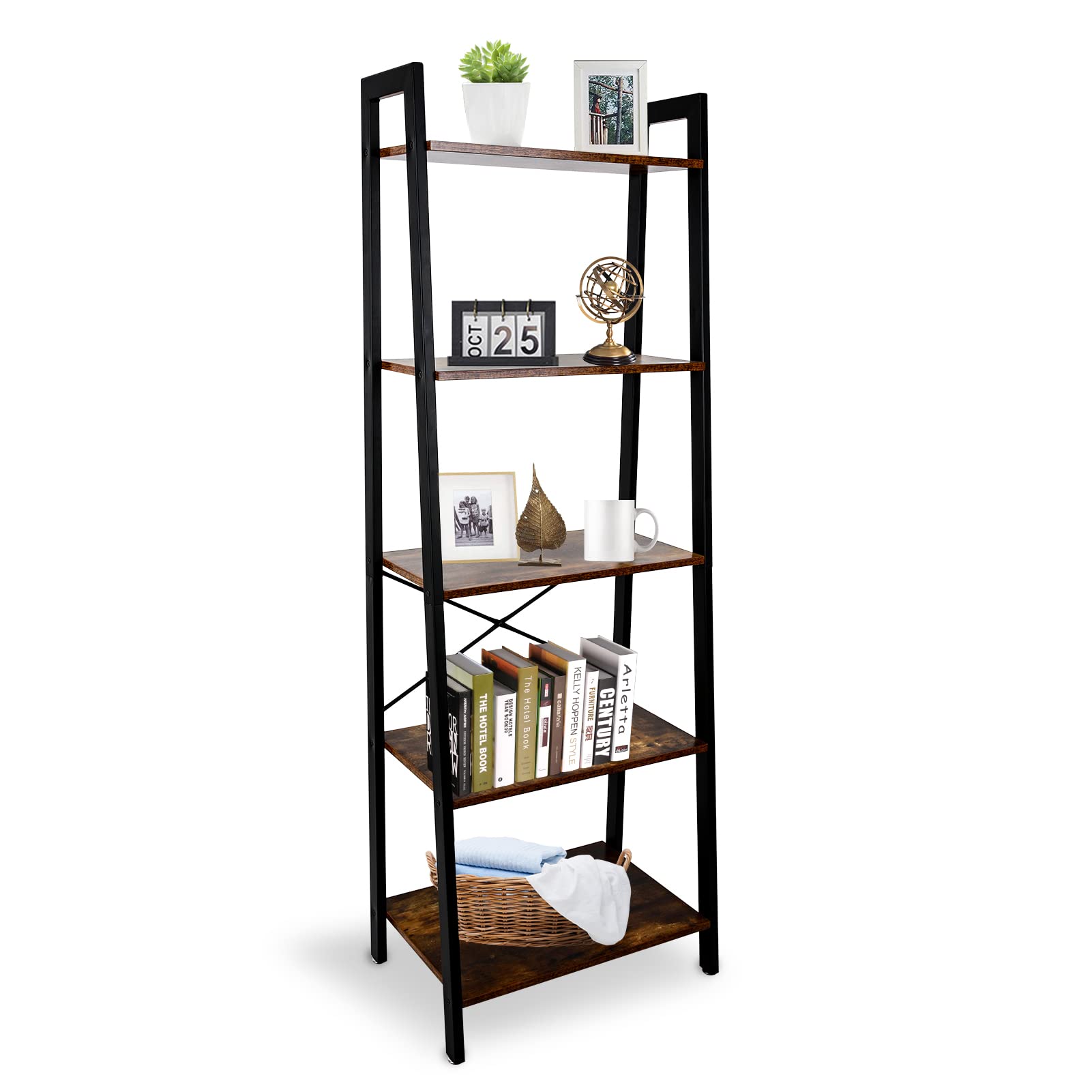 5Tier Ladder Shelf Industrial Bookshelf, Ladder Bookshelf