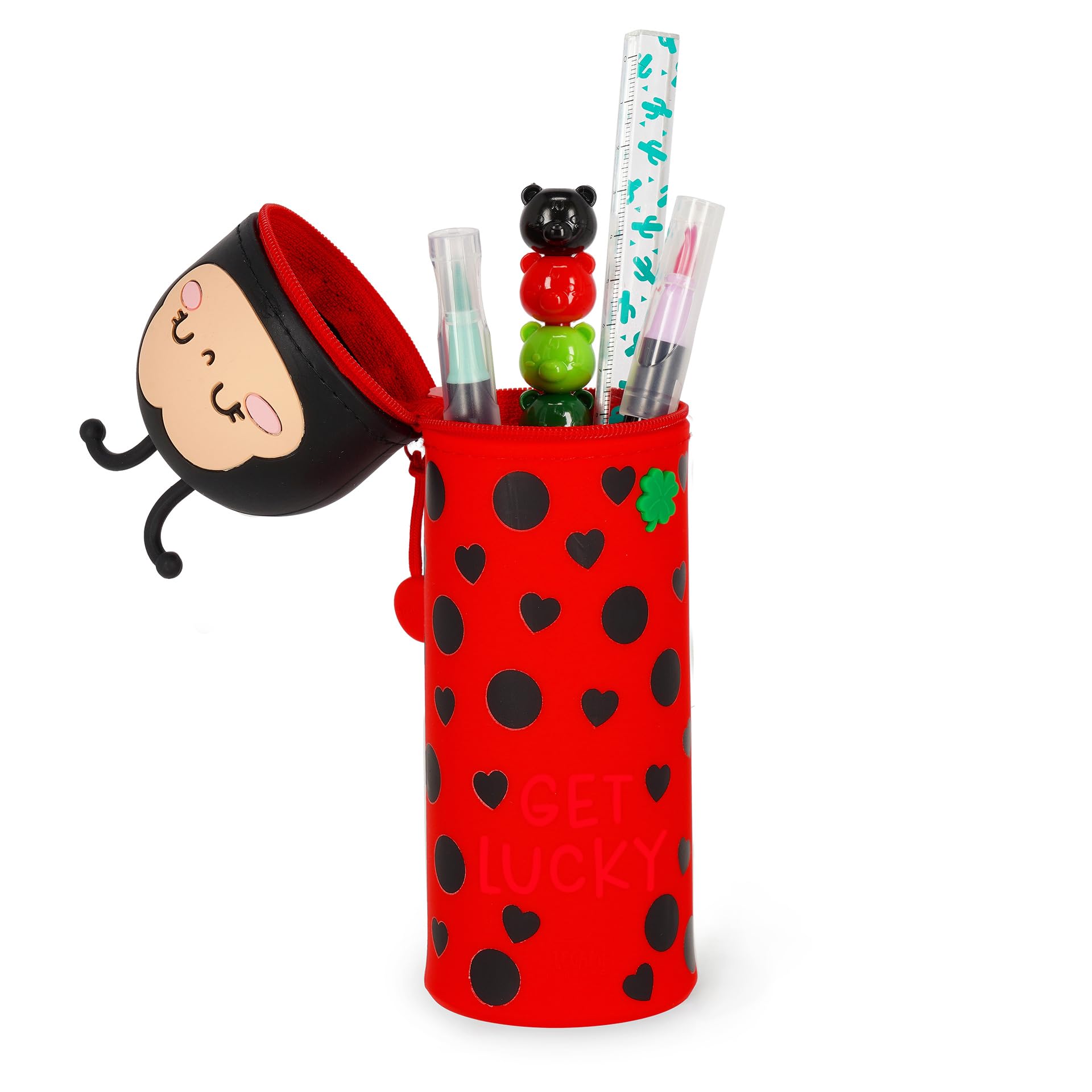 Legami - Kawaii piórnik szkolny 2 w 1 z miękkiego silikonu, uchwyt na długopis stołowy, zamknięcie na zamek błyskawiczny, długopisy kredki, Czerwony, Diametro 6,3 cm, Altezza Max 21,7 cm, ladybug