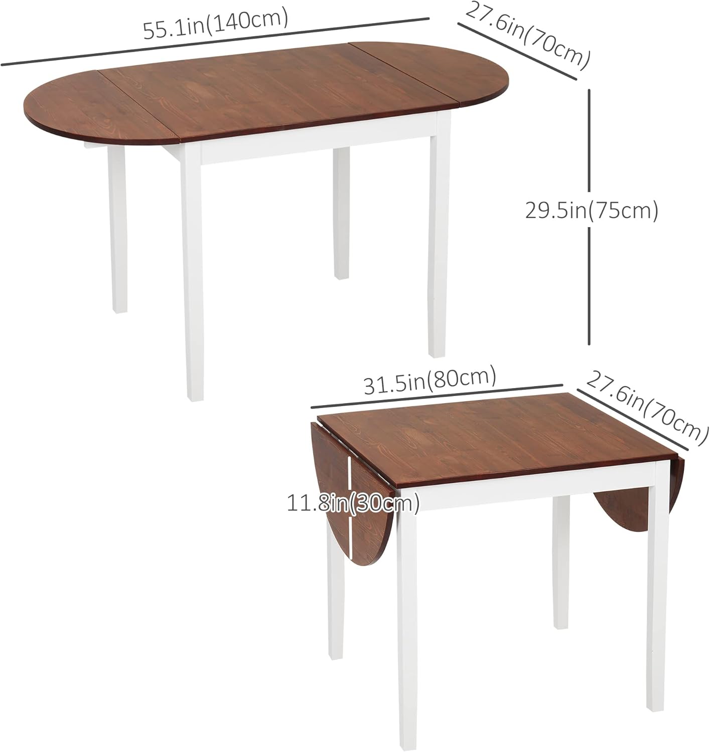 Dimensions diagram of HOMCOM Drop Leaf Table in folded and extended states