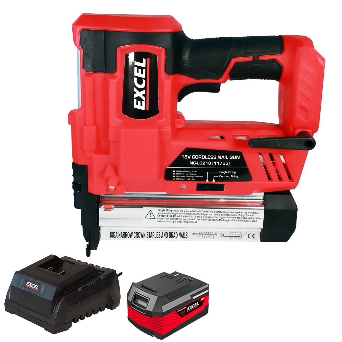 Excel Red And Black 18V Cordless Second Fix Nailer With 1 X 4.0Ah Battery & Charger