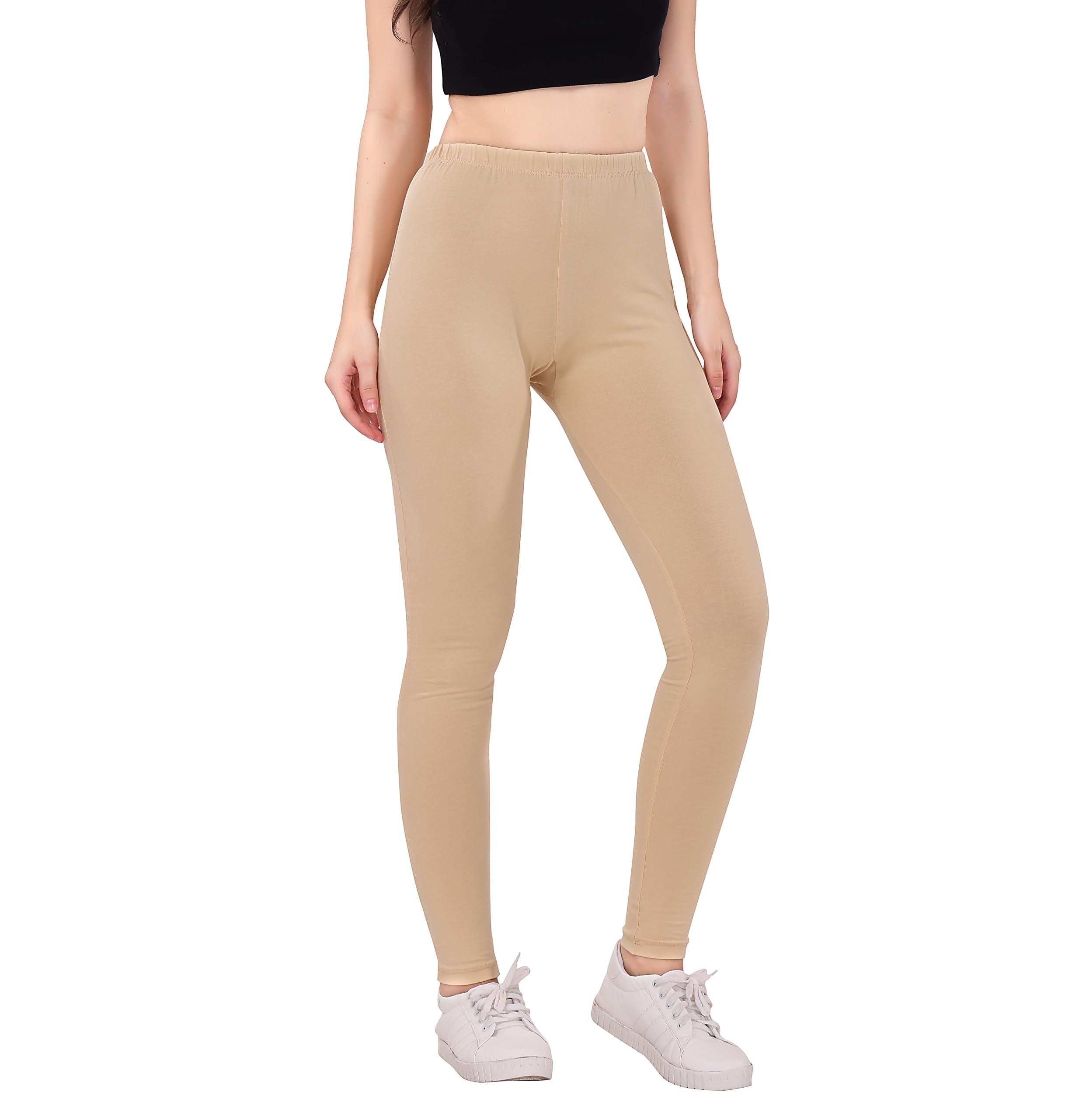 Ultra Soft Cotton Ankle Solid Regular and Plus Ankle Leggings for Womens and Girls - Size - X-Large - Light Beige-image-38