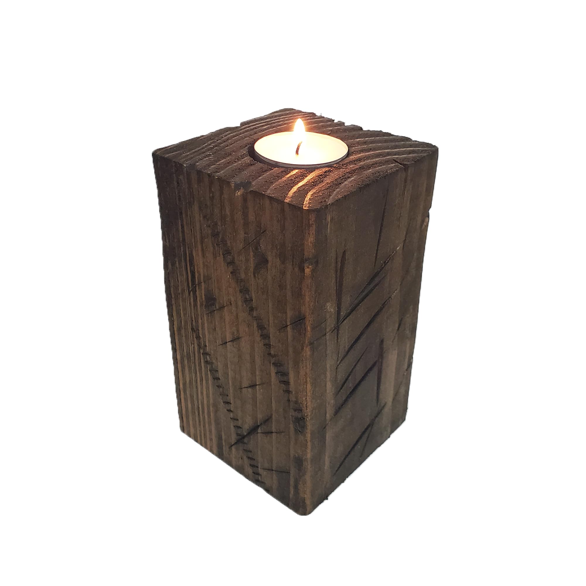 6" Tall Wood Tea Light Candle Holder Block (Distressed Espresso)