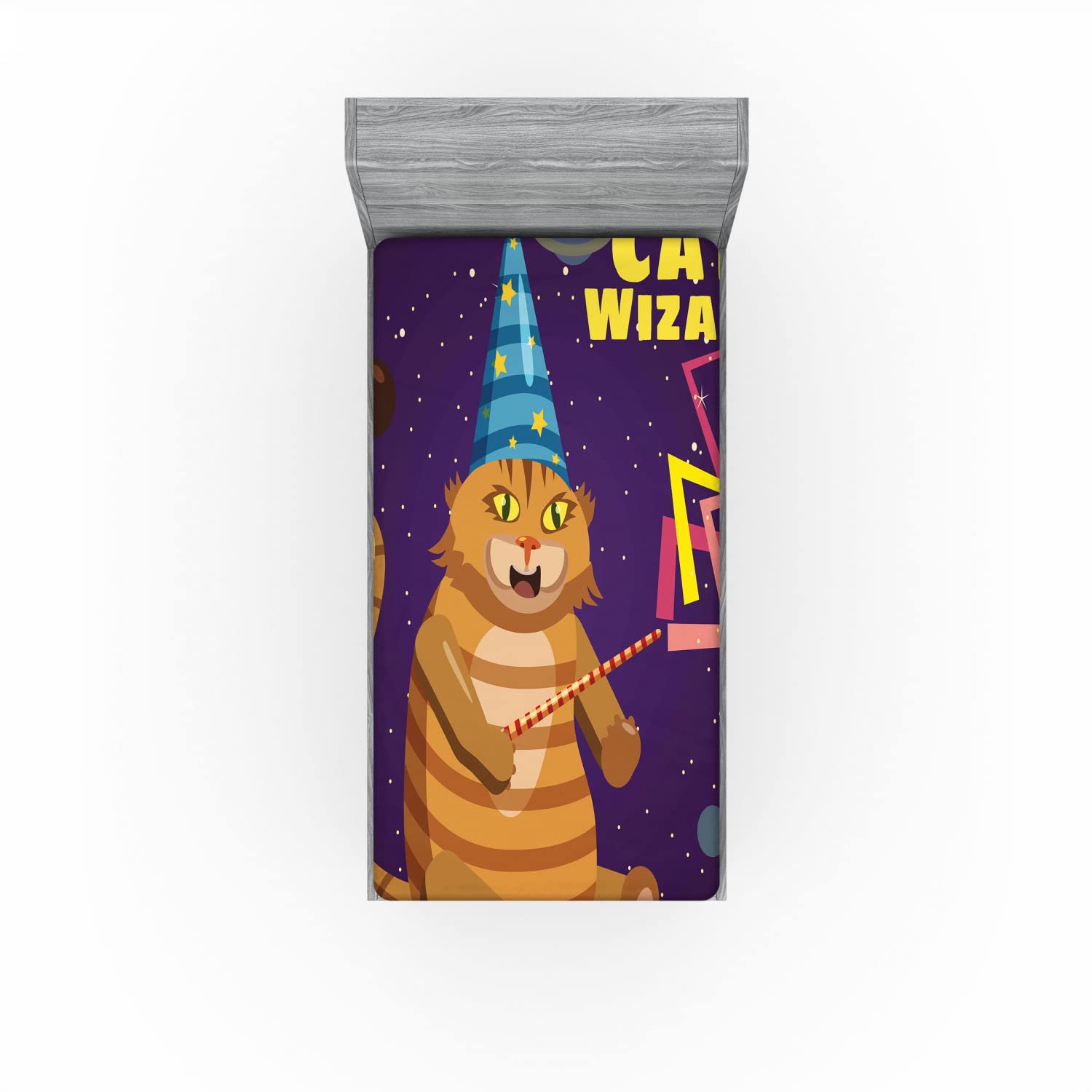 Ambesonne Humorous 2 Pack Fitted Sheet, Cat Wizard Funny Cartoon, Bed Cover All-Round Elastic Deep Pockets 2 Pieces, Package Contains 2 Twin Size Fitted Sheets, Quartz and Multicolor