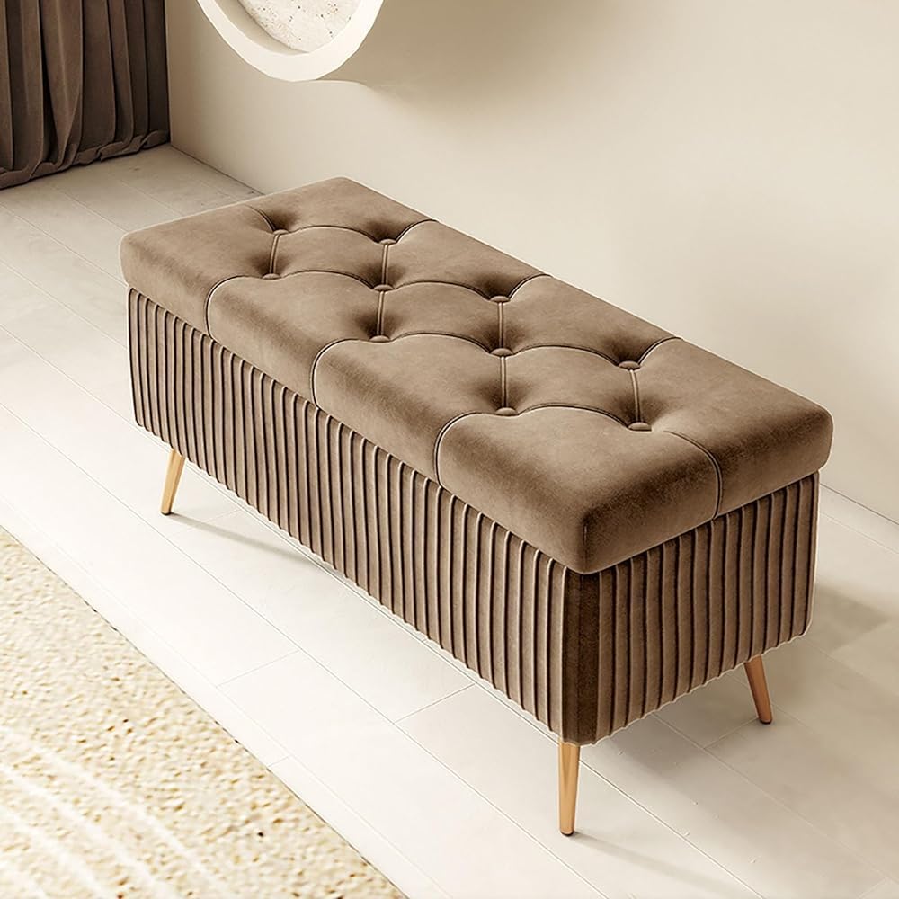Rectangular Storage Pouf Wooden Ottoman Bench for Living Room/Bedroom Footstool with Feet Entryway Storage Chest 80cm Color J – Stylish & Functional Storage Solution