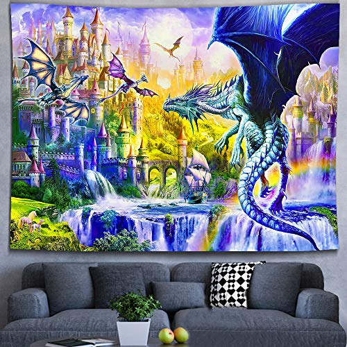 Ine Ive Dragon Tapestry Waterfall Castle Medieval Fantasy Creature Wall Decoration Colorful Background Wall Hanging 8060 Inch Flannel Tapestry For Living Room Decor Gtzfie1149 #TOP5