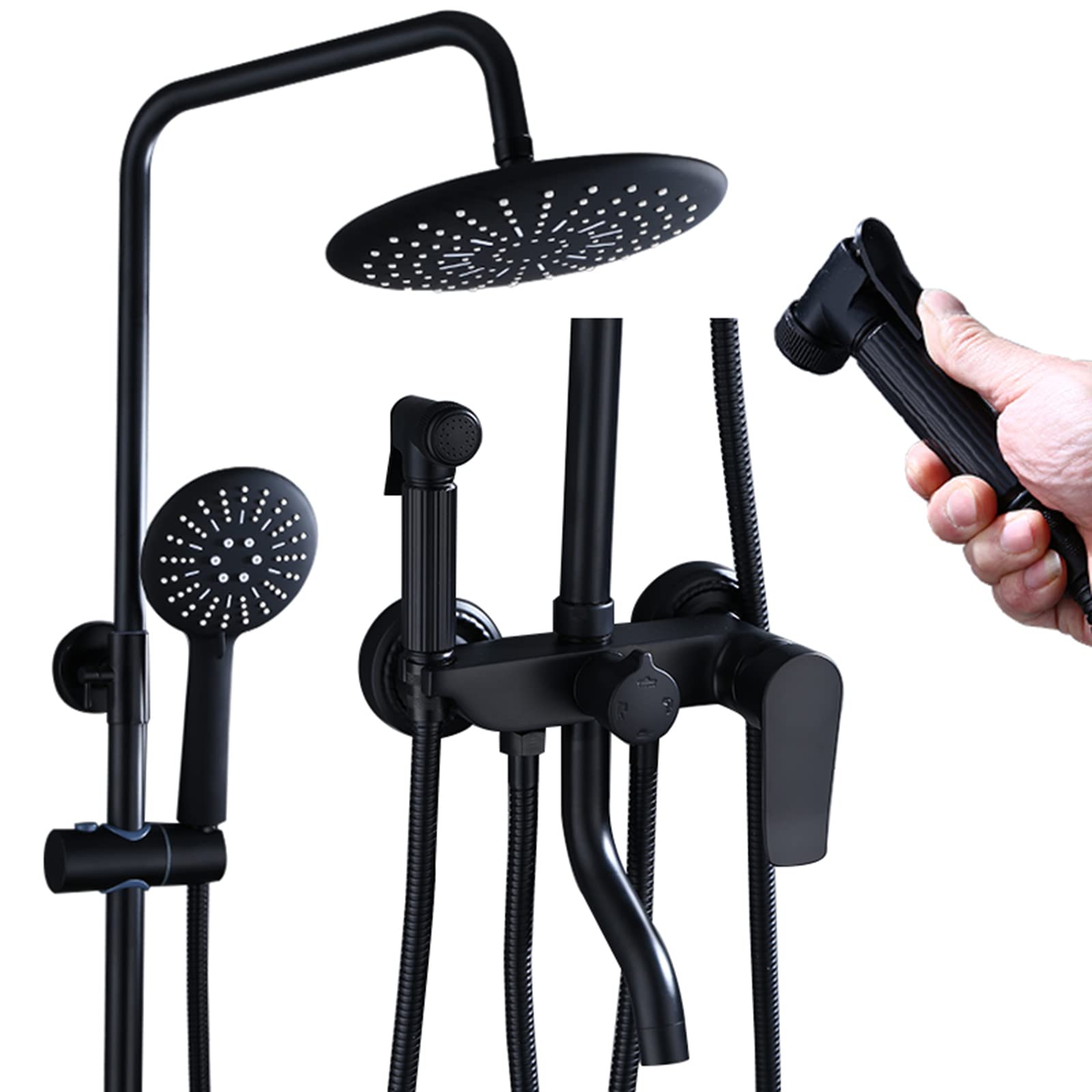 GLJTUO Shower system, Bathroom Shower Head And Faucet Set Black Brass Height Adjustable three modes Rainfall Shower System Matte Black Matte Black Shower System With Handheld