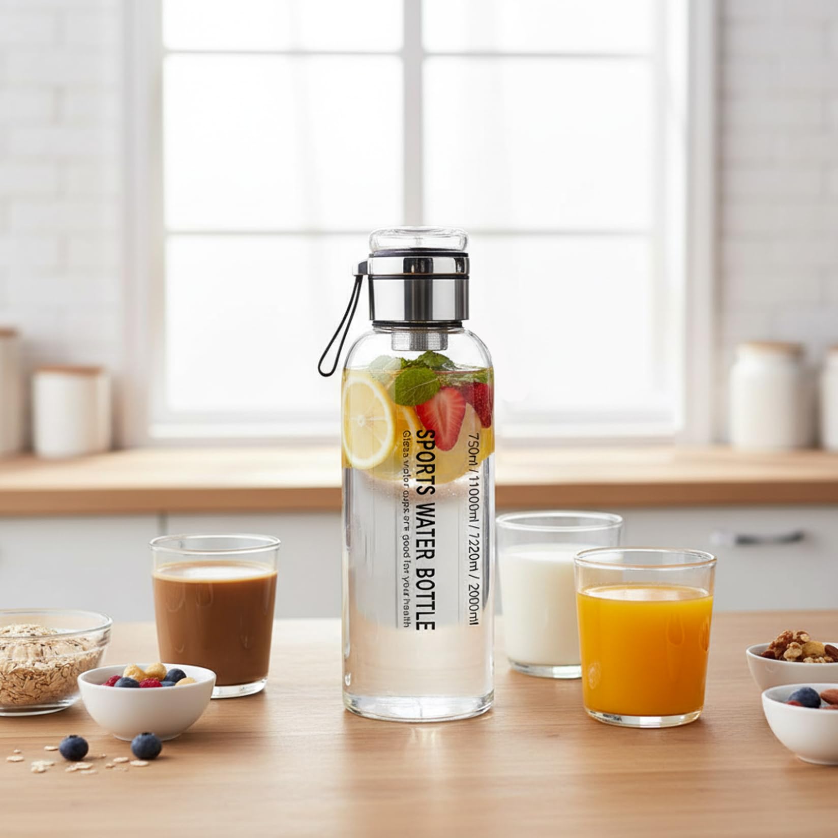 Bouteilles d'eau de 2 litres, bouteille d'eau en verre borosilicate, bouteilles de 2 litres incassables avec double couvercle et infuseur à thé, bouteille en verre avec sac transport pour salle