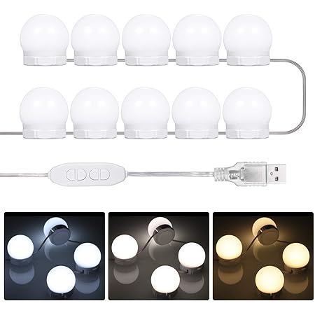 Luci Specchio Trucco Hollywood Anmossi - 10 LED Dimmerabili, 5 Livelli Luminosit&agrave;, 3 Modalit&agrave; Colore, Alimentazione USB