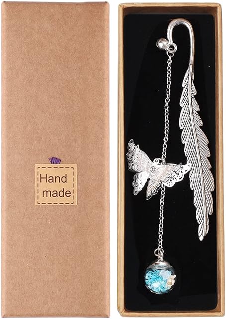 kuou Metal Feather Bookmark, Classical Handmade Bookmarks with 3D Butterfly and Dry Flower Pendant Gift for Women Reader Adults and Students (Blue)