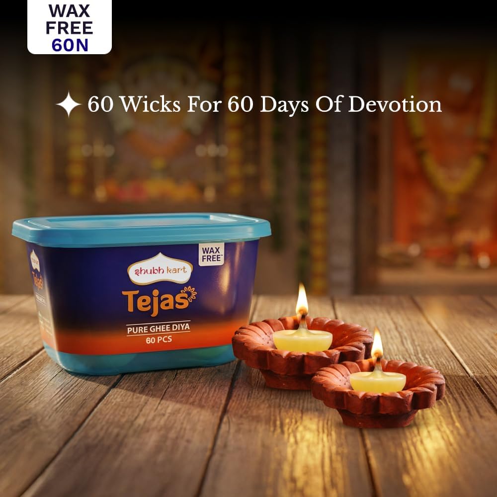 Shubhkart Tejas Ghee Wicks for Pooja 60 pcs for Home and Mandir Readymade ghee jyot Indian Housewarming Return Gift Items Puja Accessories. Diwali Diya