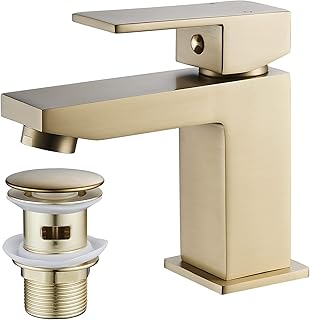 Brushed Gold Basin Mixer Tap with Pop up Waste,Washroom Square Single Lever Chrome Brass Mixer Tap