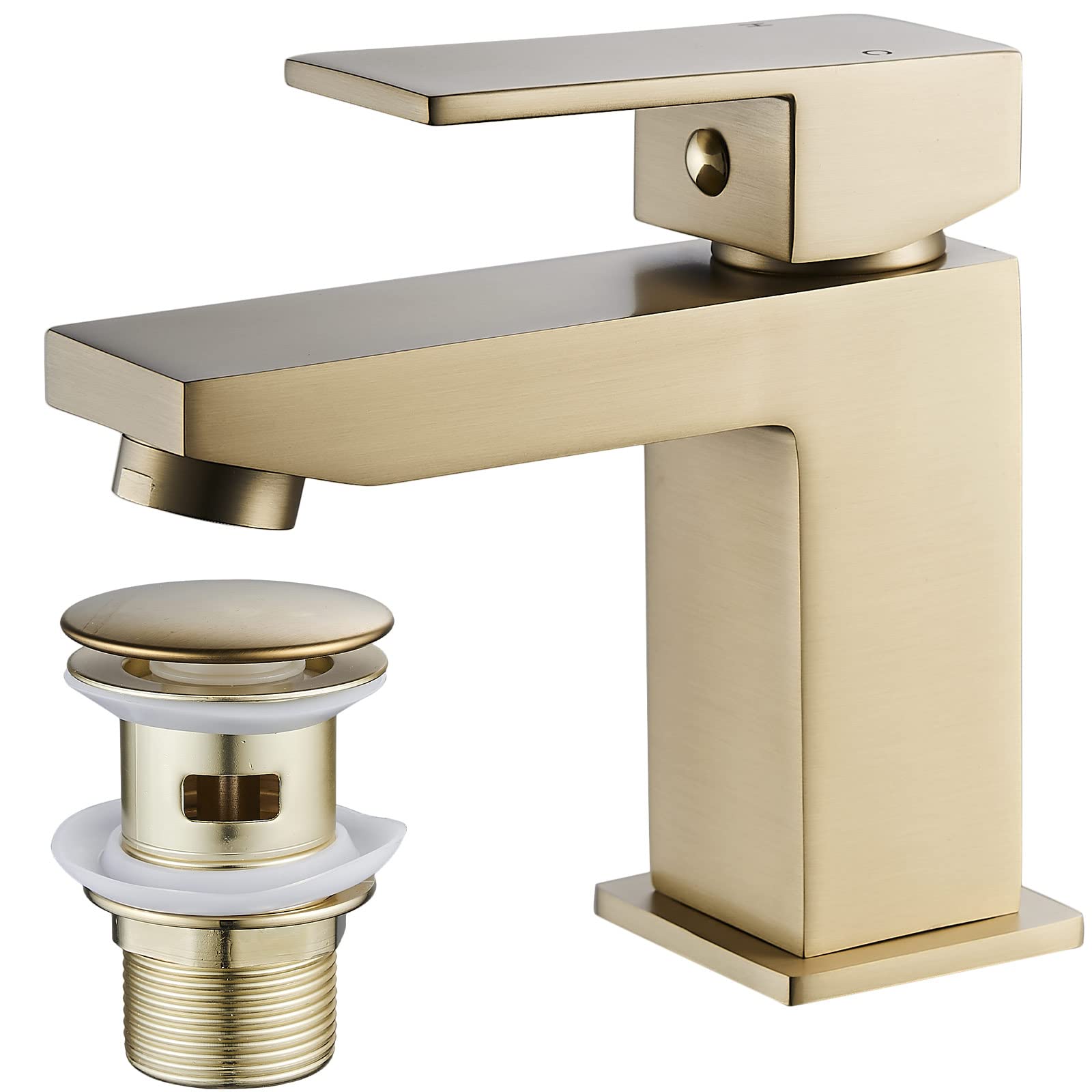 SOHNVWTGD Brushed Gold Basin Mixer Tap with Pop up Waste,Washroom Square Single Lever Chrome Brass Mixer Tap