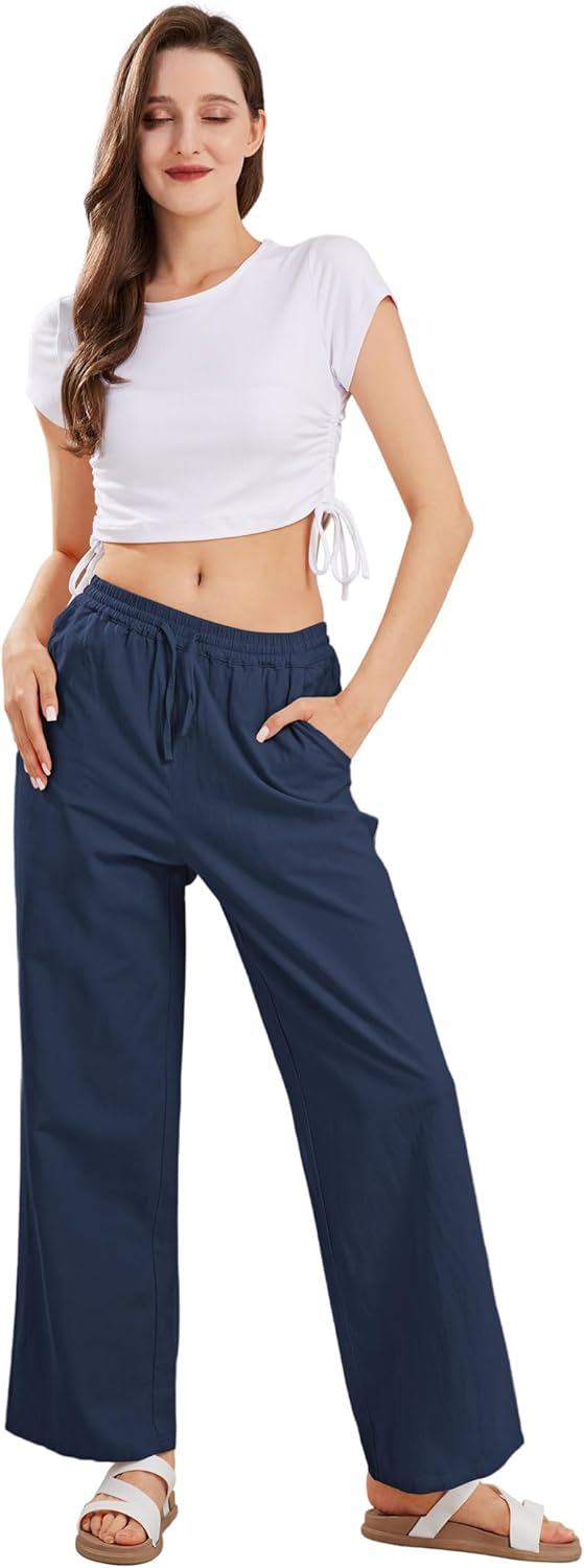 CHARTOU Women's Summer Drawstring Waist Wide Leg Loose Cotton Linen Palazzo Pants - Image 3