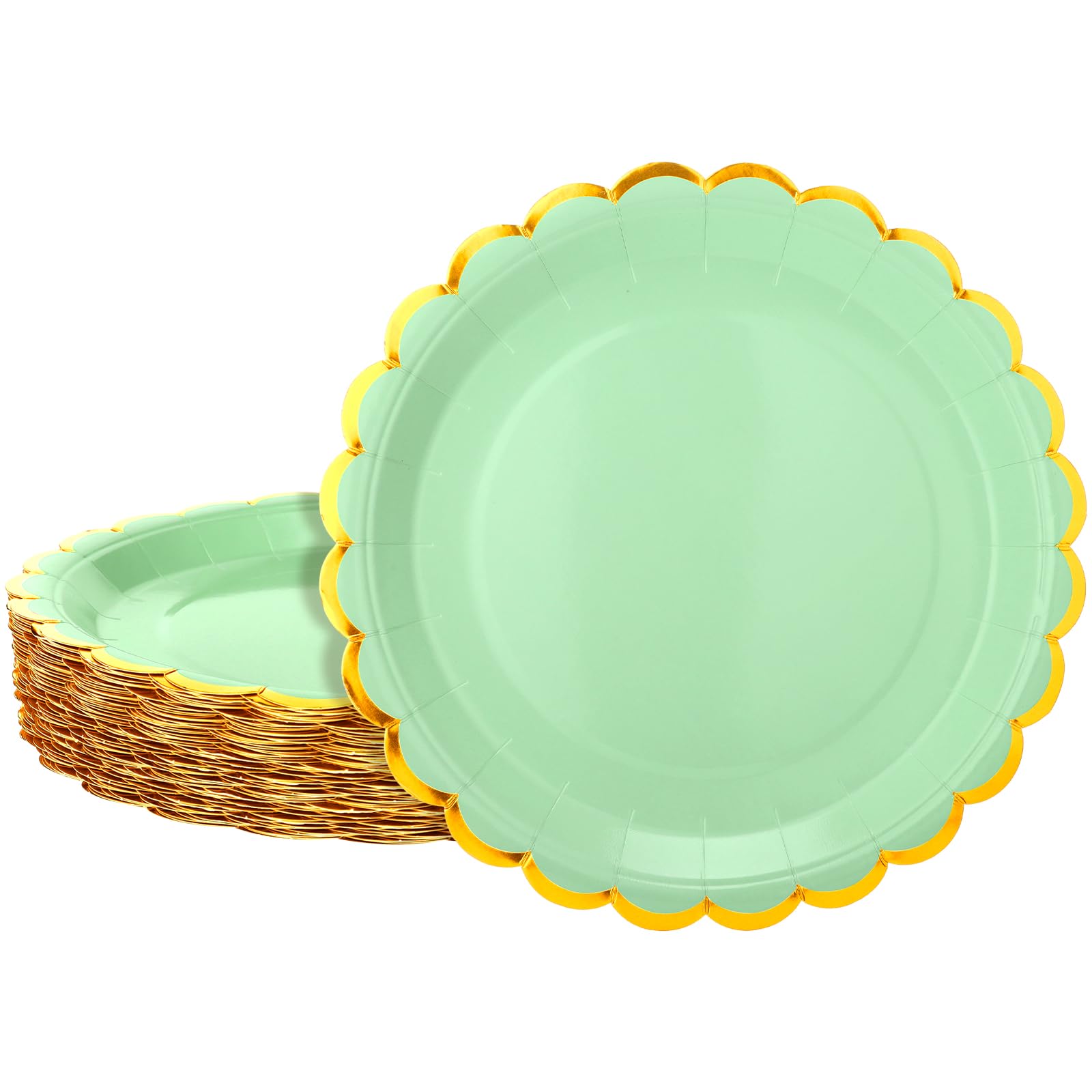 Maxcheck 50 Pcs Mint Green Scalloped Paper Plates with Gold Foil 9 Inches Disposable Party Plates for Cake Dessert Birthday Baby Shower Wedding Party